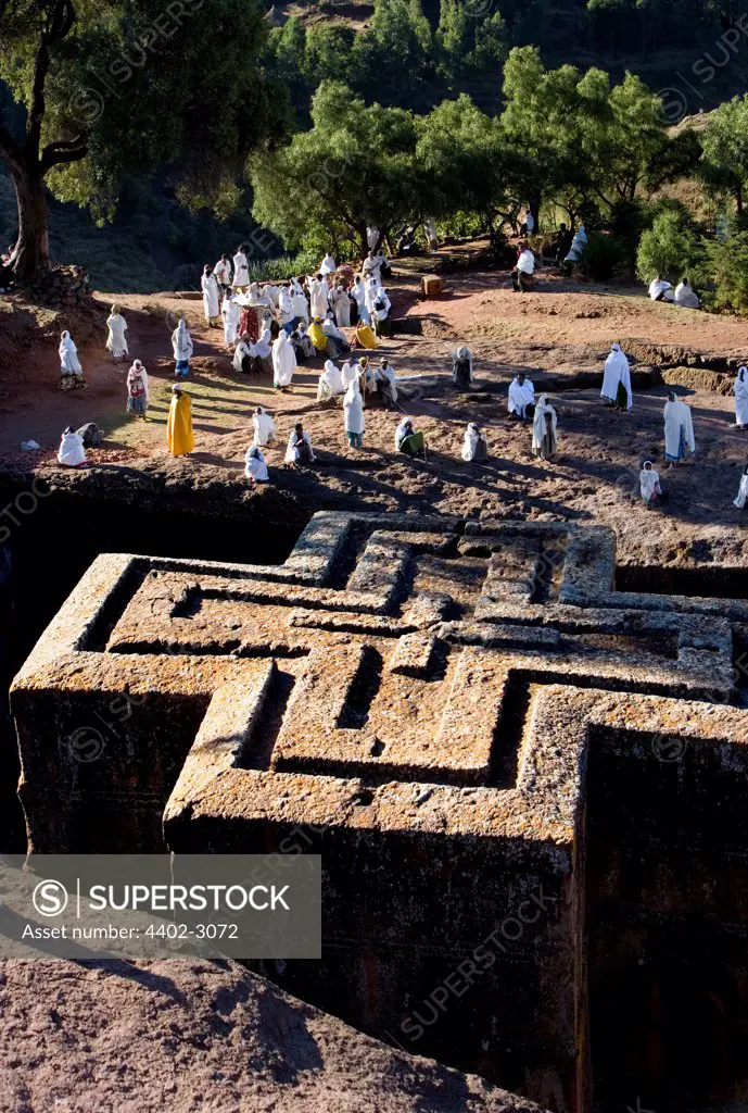 Ethiopian Orthodox sunken church of Bet Giorgis, hewn from rock in the 12th century. Ethiopia, Africa.