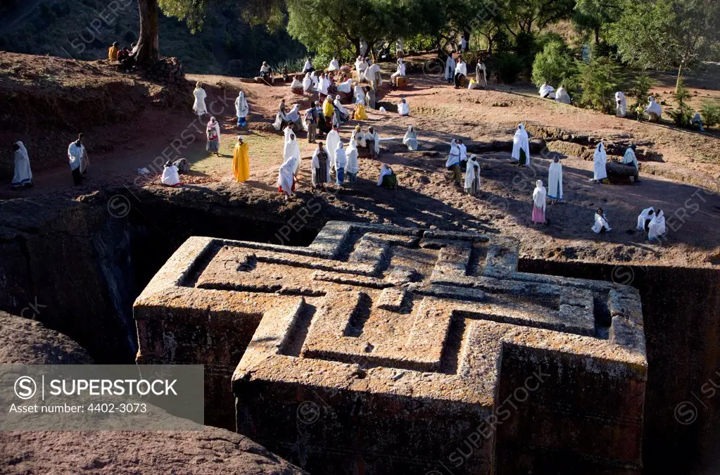 Ethiopian Orthodox sunken church of Bet Giorgis, hewn from rock in the 12th century. Ethiopia, Africa.