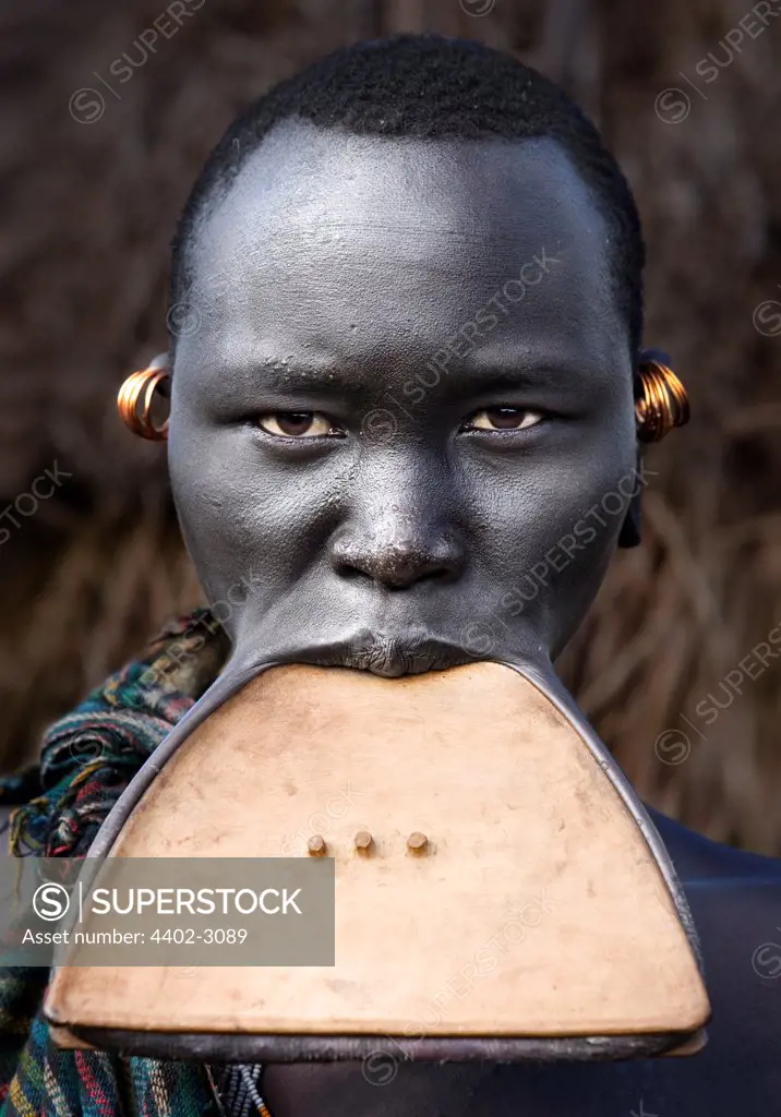 Suri tribeswoman with wooden lip plate, Omo Delta, Ethiopia