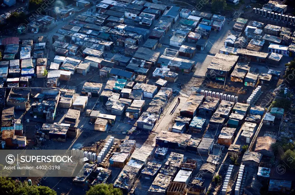Aerial view of a shanty homes on the outskirts of Johannesburg, South Africa