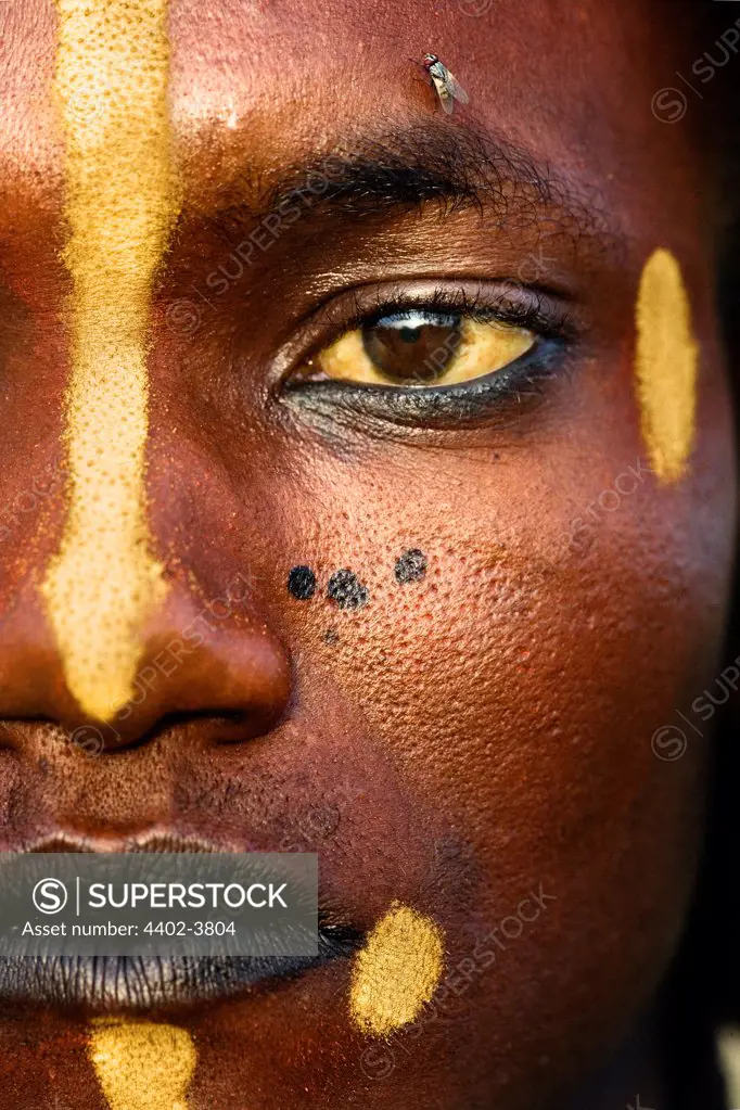 A Wodaabe man with face paint during the Gerewol festival, north of Abalak, Niger