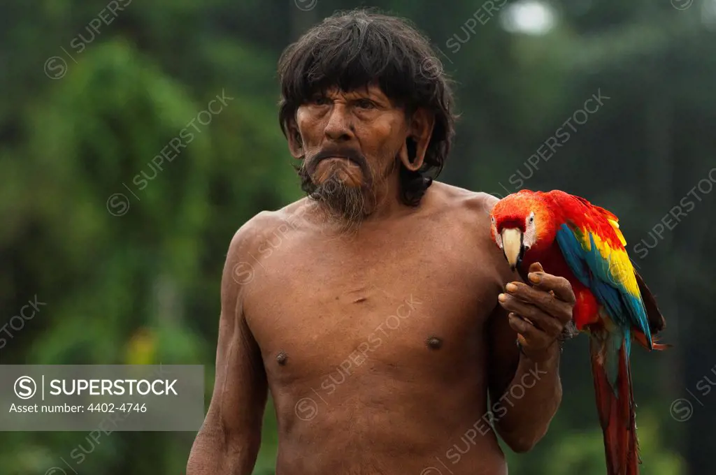 Huaorani Indian man, Megatowe Ontogamo, with his pet scarlet macaw (Ara macao). Gabaro Community, Yasuni National Park, Amazon rainforest, Ecuador, South America.