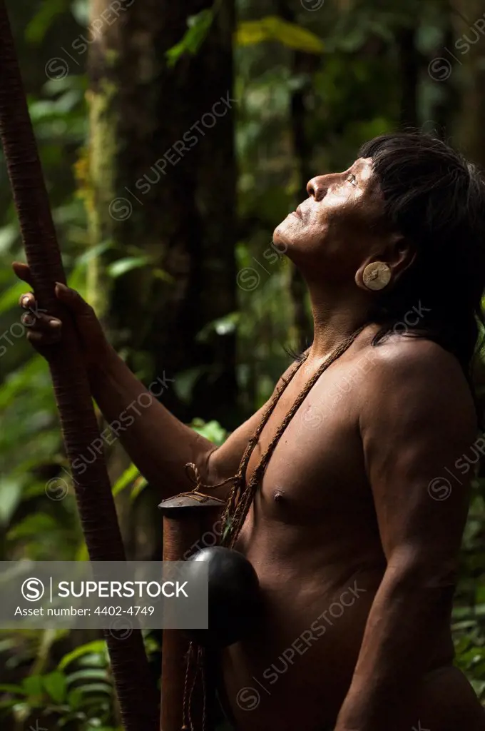 Huaorani Indian, Menga Darita, hunting in the forest with his blowgun. Gabaro Community, Yasuni National Park, Amazon rainforest, Ecuador, South America.