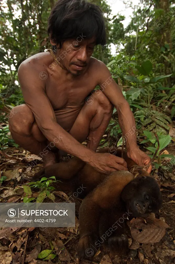 Huaorani Indian, Oña Yate, with a woolly monkey he has hunted with his blowgun. Gabaro Community, Yasuni National Park, Amazon rainforest, Ecuador, South America.