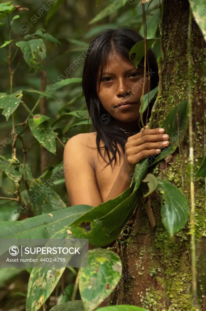Huaorani Indian girl, Carmen Kaiga. Gabaro Community, Yasuni National Park, Amazon rainforest, Ecuador, South America.