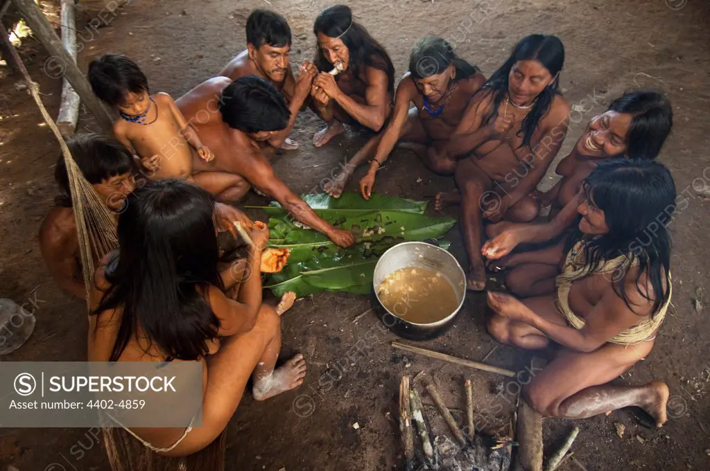 Huaorani eating in their house. The meat is chopped up and placed on banana leaves on the floor. Bameno Community, Yasuni National Park, Amazon rainforest, Ecuador, South America.