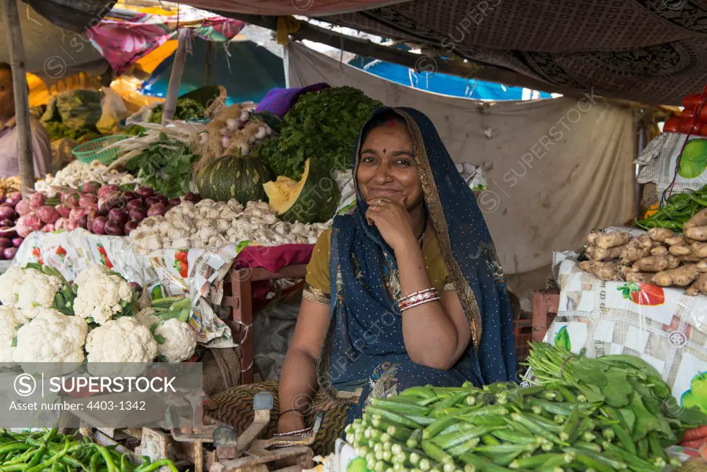market trader selling vegetables Sawai Madhopur Rajasthan India