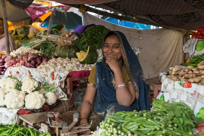 market trader selling vegetables Sawai Madhopur Rajasthan India