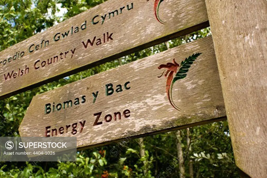 UK, Wales, National Botanic Gardens of Wales, Sign for biomass plant