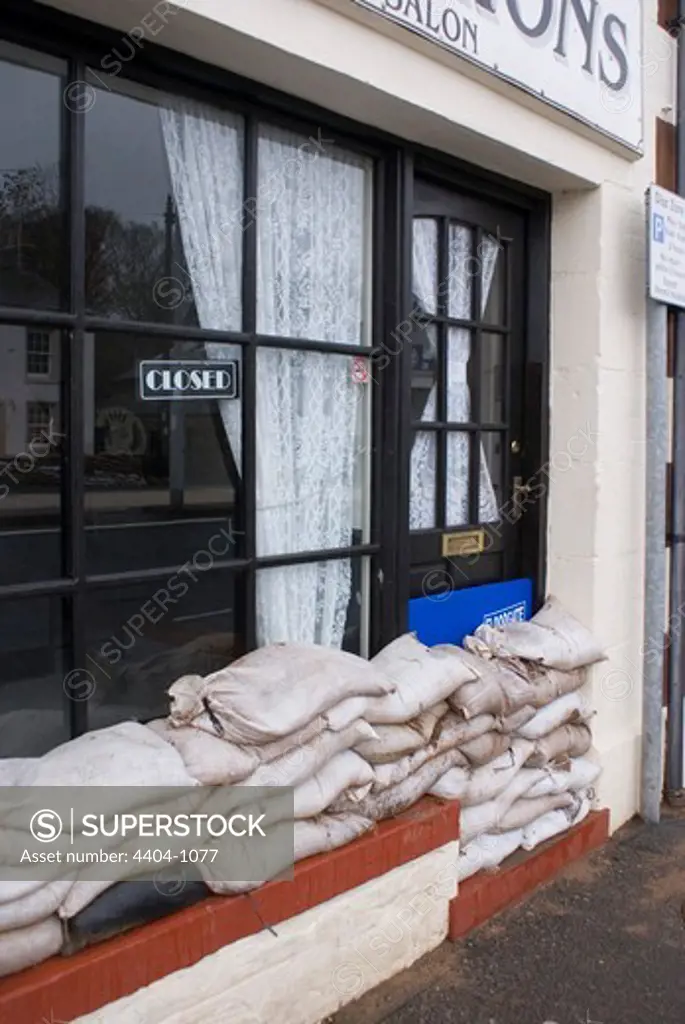 UK, Appleby-in-Westmorland, Flood defenses in shop doorway