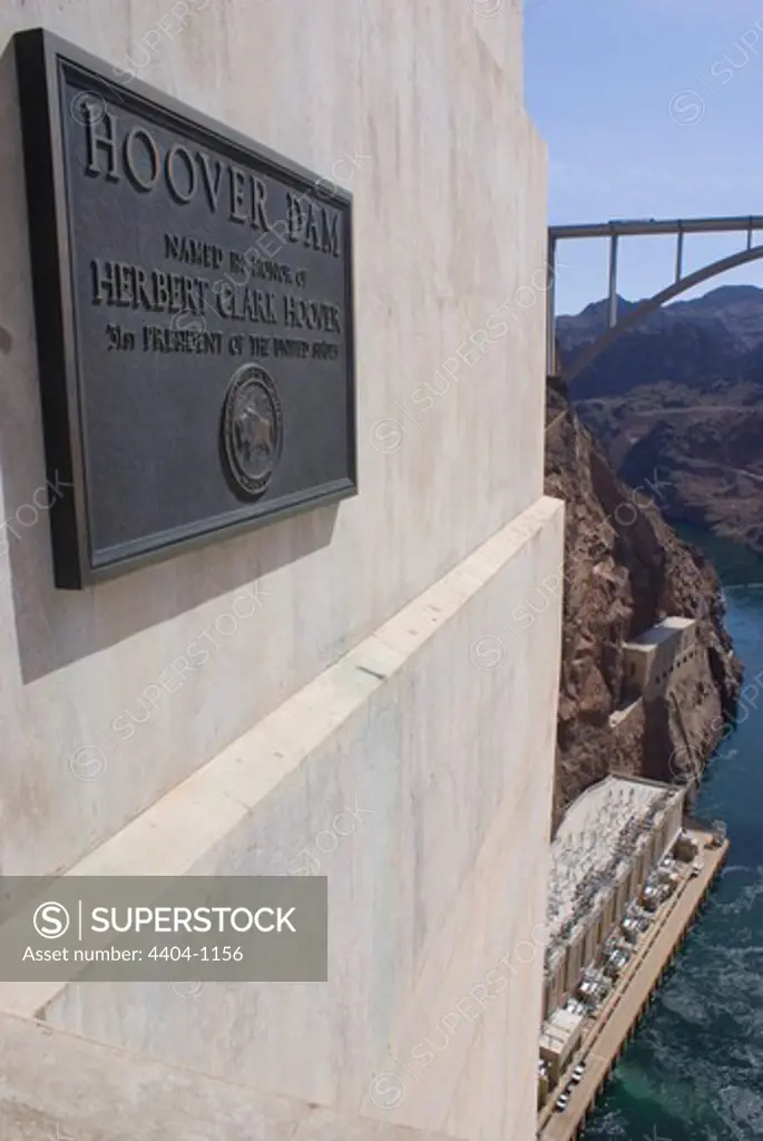 USA, Arizona/Nevada, Hoover Dam commemorative sign above lower cofferdam and powerplant tailrace