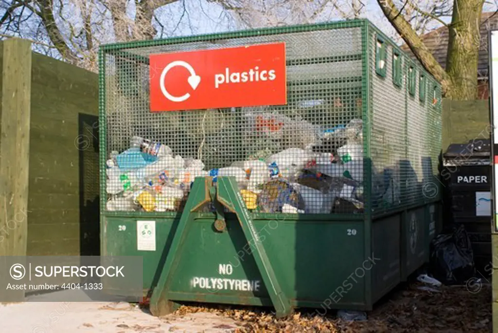 UK, Cumbria, Kirkby Thore, Plastics recycling cage at recycling centre