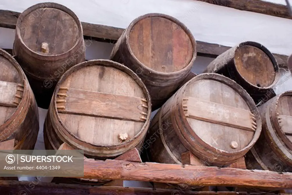 Canary Islands, Lanzarote, El Grifo Museo de Vino, Wine barrel store at vineyard museum