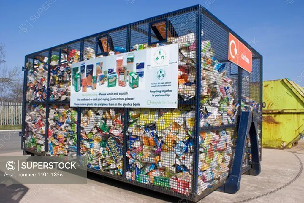 UK, Cumbria, Drink carton recycling cage at Flusco recycling centre