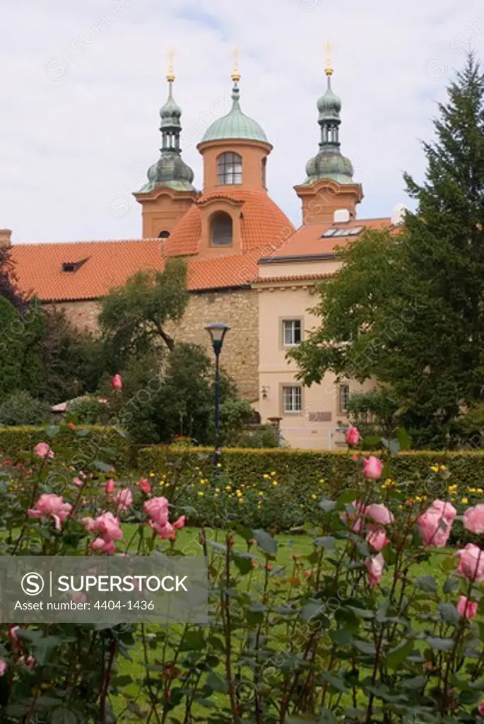 Czech Republic, Prague, View of church of St Lawrence and park gardens