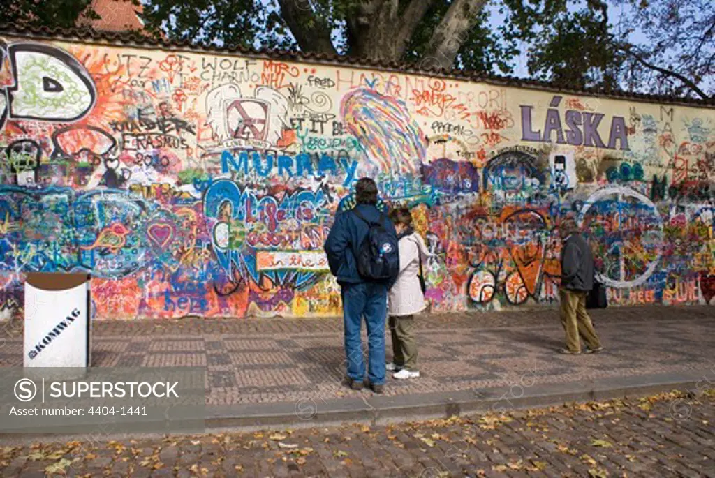 Czech Republic, Prague, People looking at Lennon Wall