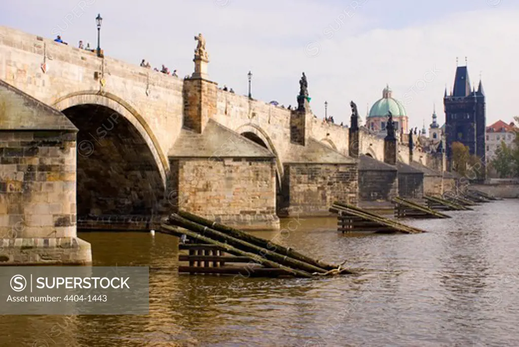 Czech Republic, Prague, View of Charles Bridge and Vltava river