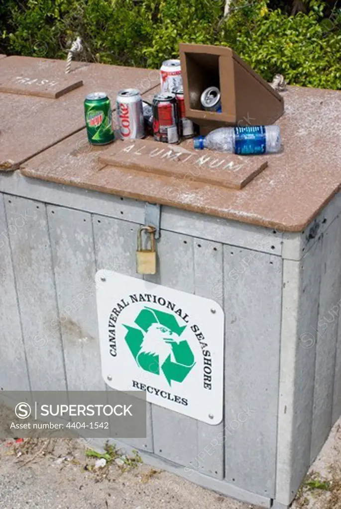 Recycling bin, Canaveral National Seashore, Florida, USA