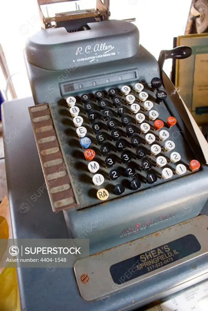 Historic cash register at, Shea's Gas Station Museum, Route 66, Springfield, Illinois, USA