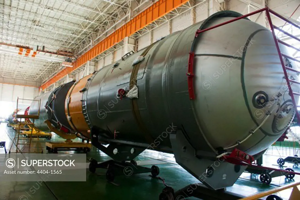Soyuz rocket boosters in assembly hall at Baikonur Cosmodrome, Kazakhstan