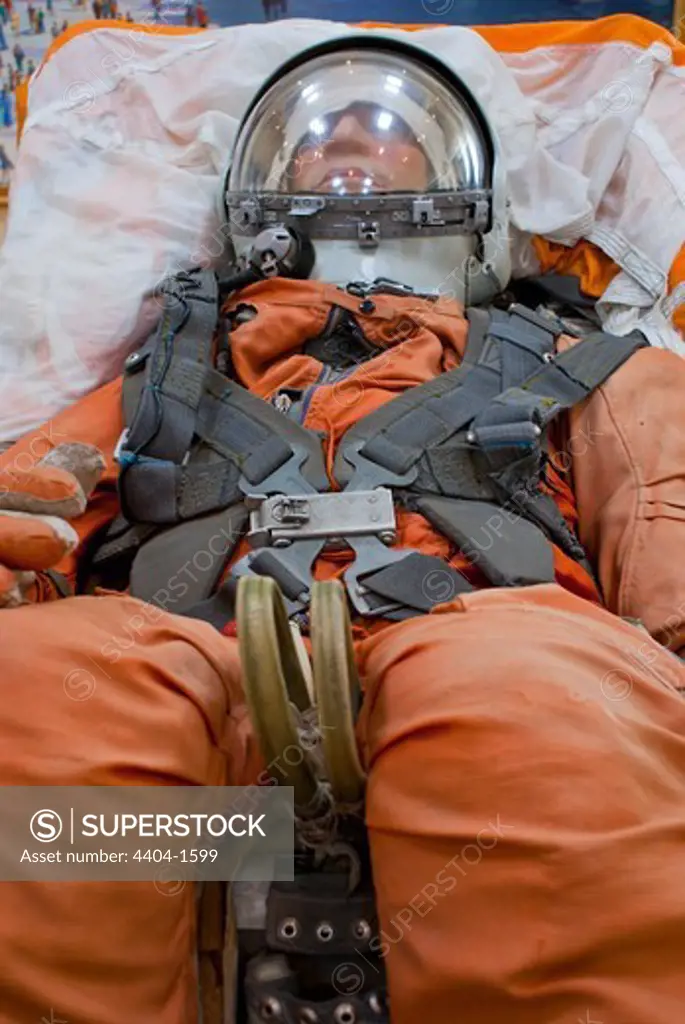 Vostok Space Suit (type worn by Yuri Gagarin) posed in ejection seat in a museum, Baikonur Space Museum, Baikonur Cosmodrome, Kazakhstan