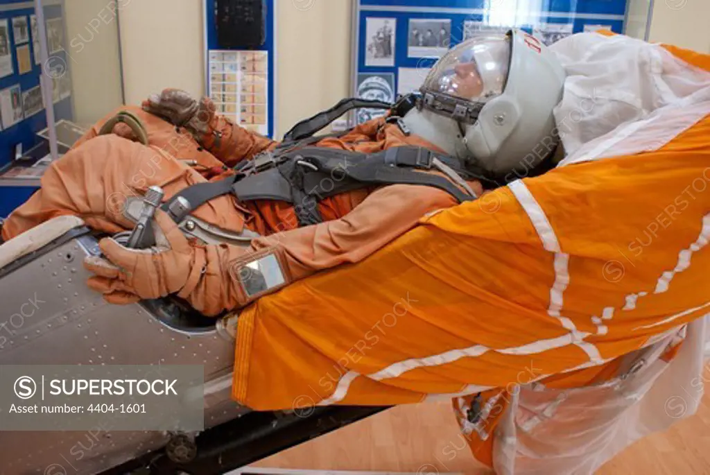 Vostok Space Suit (type worn by Yuri Gagarin) posed in ejection seat in a museum, Baikonur Space Museum, Baikonur Cosmodrome, Kazakhstan