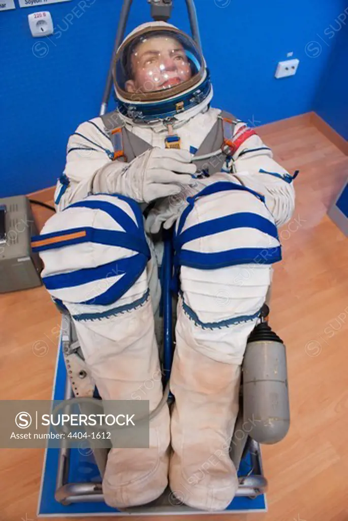 Russian Soyuz spacesuit posed in spacecraft seat in a museum, Baikonur Space Museum, Baikonur Cosmodrome, Kazakhstan