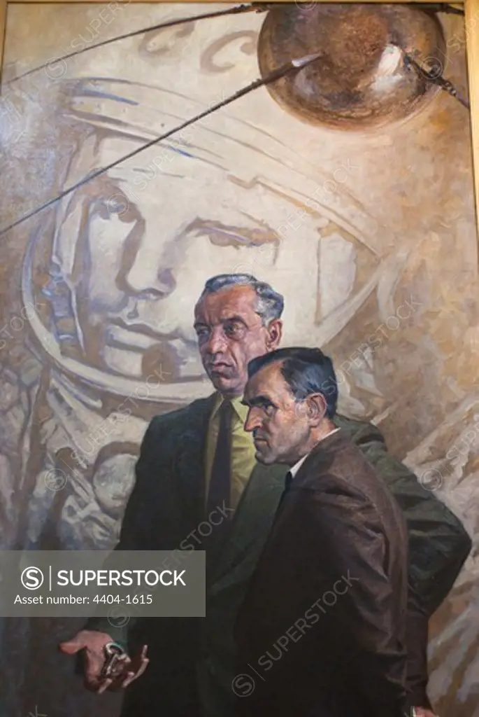 Painting on display in museum showing Sputnik Gagarin and Soviet engineers (one holding a launch key symbolizing The Key To The Future, Baikonur Space Museum, Baikonur Cosmodrome, Kazakhstan