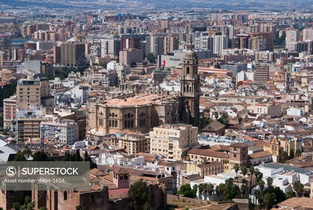 Aerial view of a city, Malaga Cathedral, Malaga, Andalusia, Spain