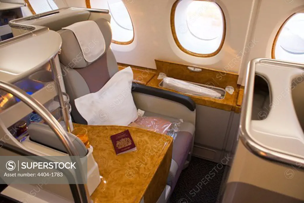 Business class seating on Airbus A380 aircraft upper deck