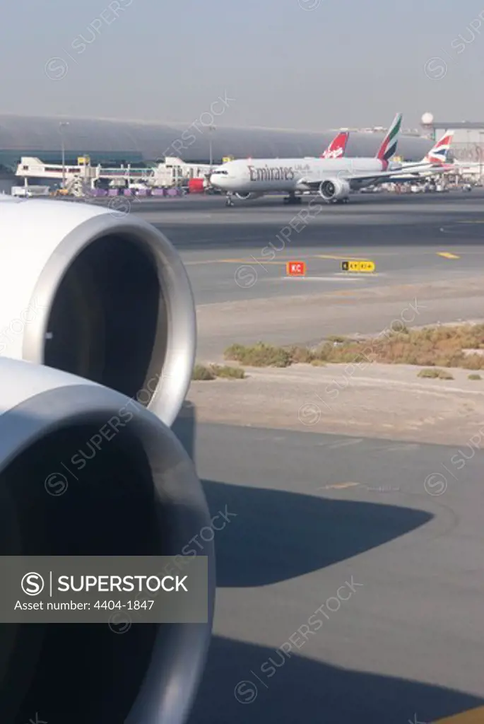 UAE, Dubai, Aircraft taxiing at airport