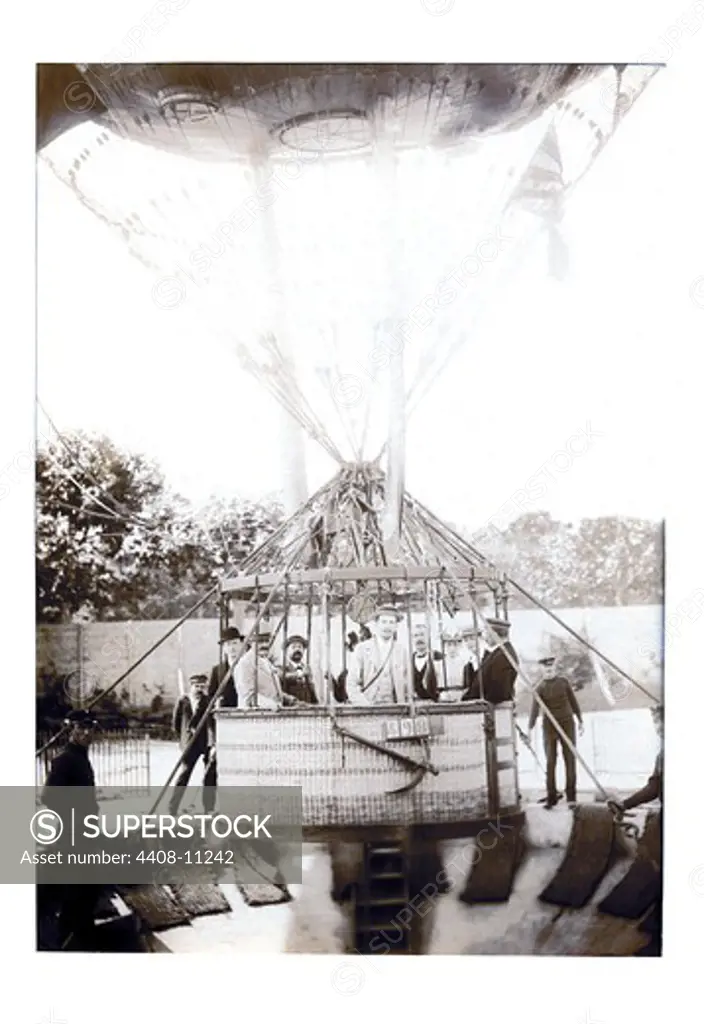 Balloon Expedition; Photographic representation of Men about to lift of in a basket turn of the century, Hot Air Balloons & Derigibles