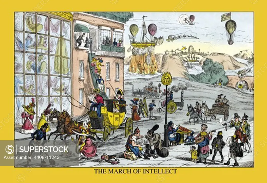 March of Intellect - Turn of the Century Illustration of new fangled inventions, Hot Air Balloons & Derigibles