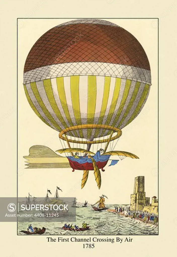 First Channel Crossing by Air, 1785 - Ballon with paddles Crosses the English Channel in Illustration with ships below, Hot Air Balloons & Derigibles