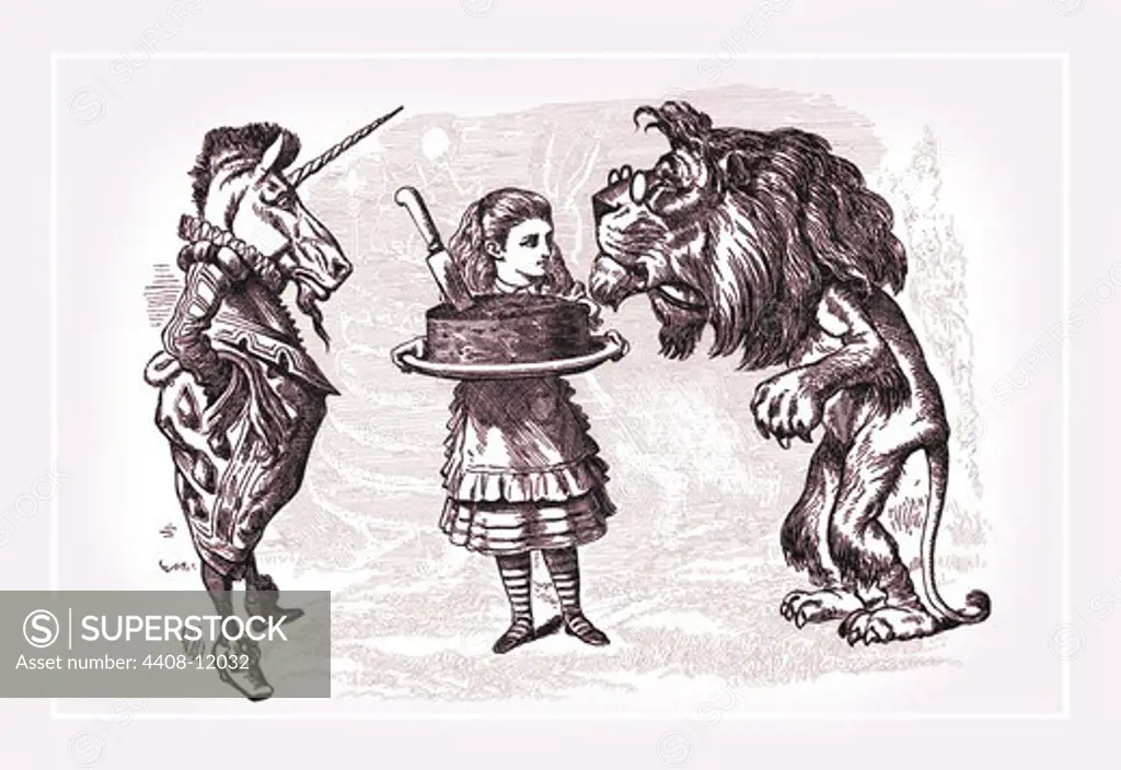 Through the Looking Glass: Alice, Lion, Unicorn and Cake, Alice in Wonderland