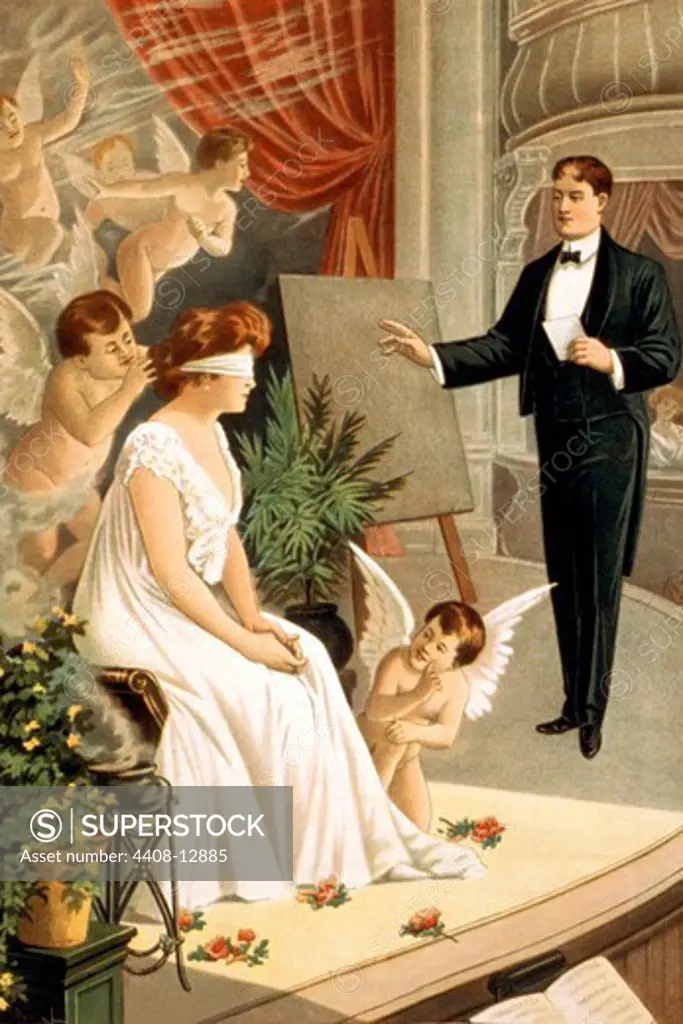 Hypnotist and blindfolded woman with angels on stage, Magic & Mesmer