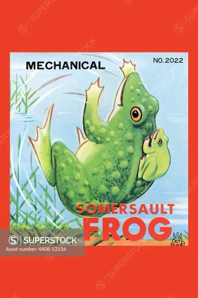 Mechanical Somersault Frog, Vintage Toy Box Art