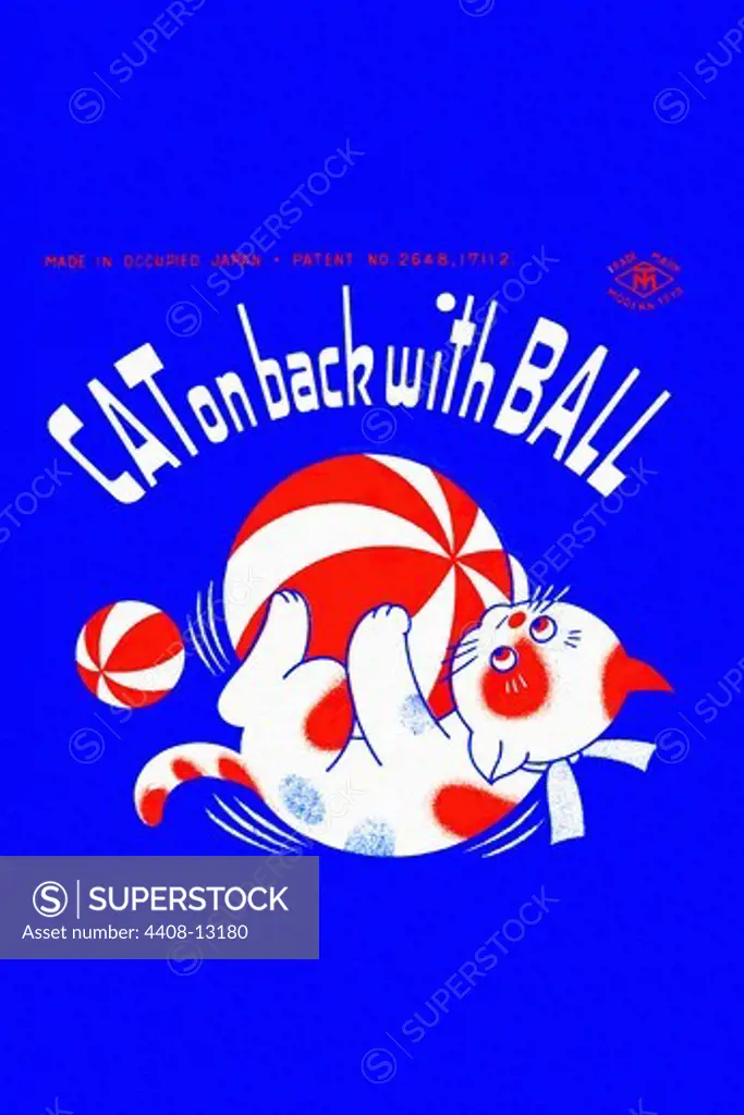 Cat on Back with Ball, Vintage Toy Box Art