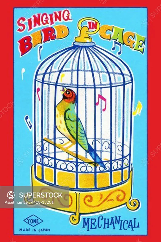 Singing Bird in Cage, Vintage Toy Box Art