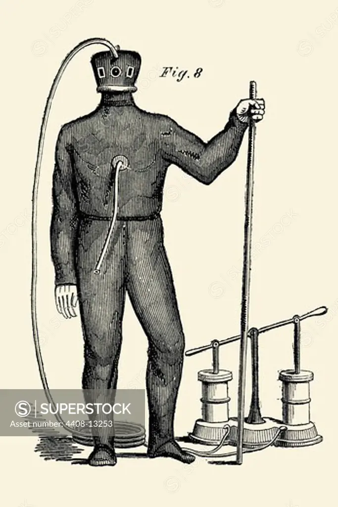 Diving Gear with suit and air pump, Industrial America - Invention