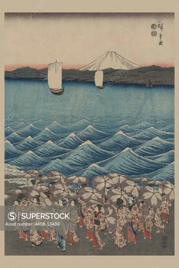 Opening celebration of Benzaiten Shrine at Enoshima in Soshu. ""So_shu_ enoshima benzaiten kaicyo_ sankei gunshu_ no zu"", Japanese Prints - Hiroshige