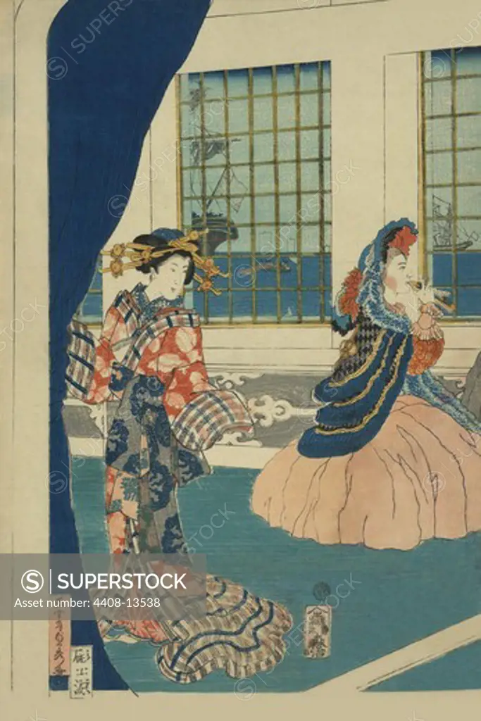 Courtesans in a western-style building of Yokohama (Yokohama no yokan no yujo), Japanese Prints - Hiroshige