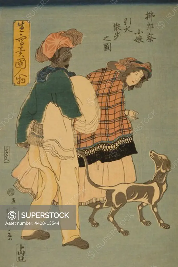 French girl taking walk with dog (Furansu komusume inu o hikite sampo no zu), Japanese Prints - Hiroshige
