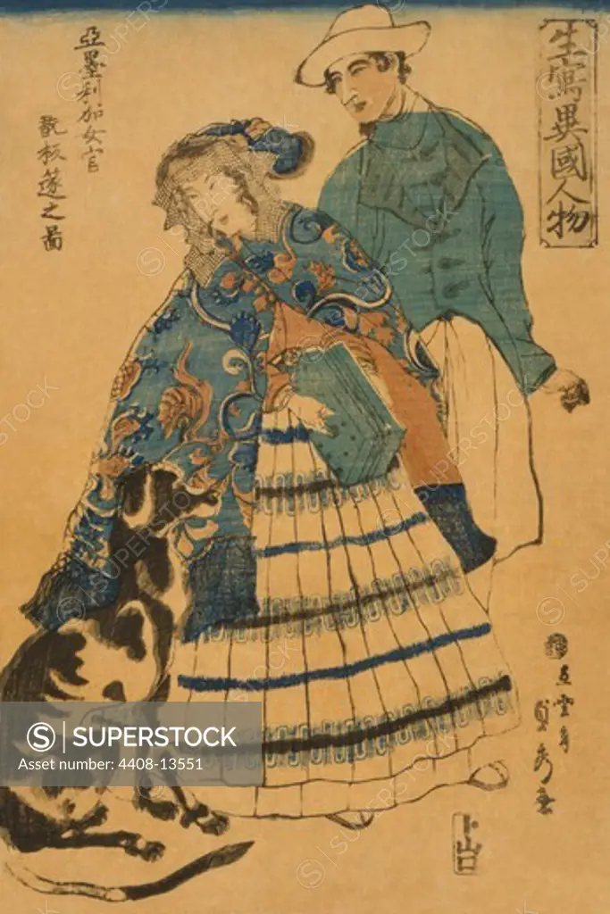 American lady playing accordion (Amerika jokan hansui o gansuru no zu), Japanese Prints - Hiroshige