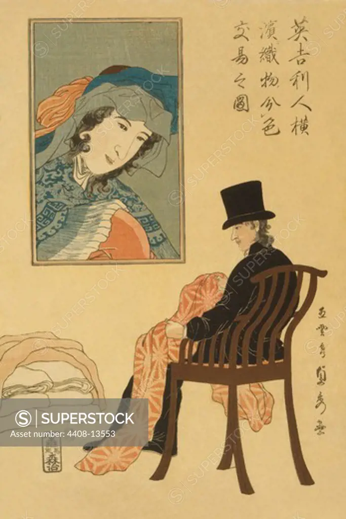 English man sorting fabrics for trade in Yokohama (Igirisujin Yokohama ni orimono irowake no zu), Japanese Prints - Hiroshige