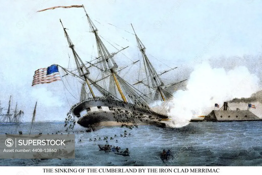 Sinking of the Cumberland at the Battle of Hampton Roads, Virginia, Civil War - USA