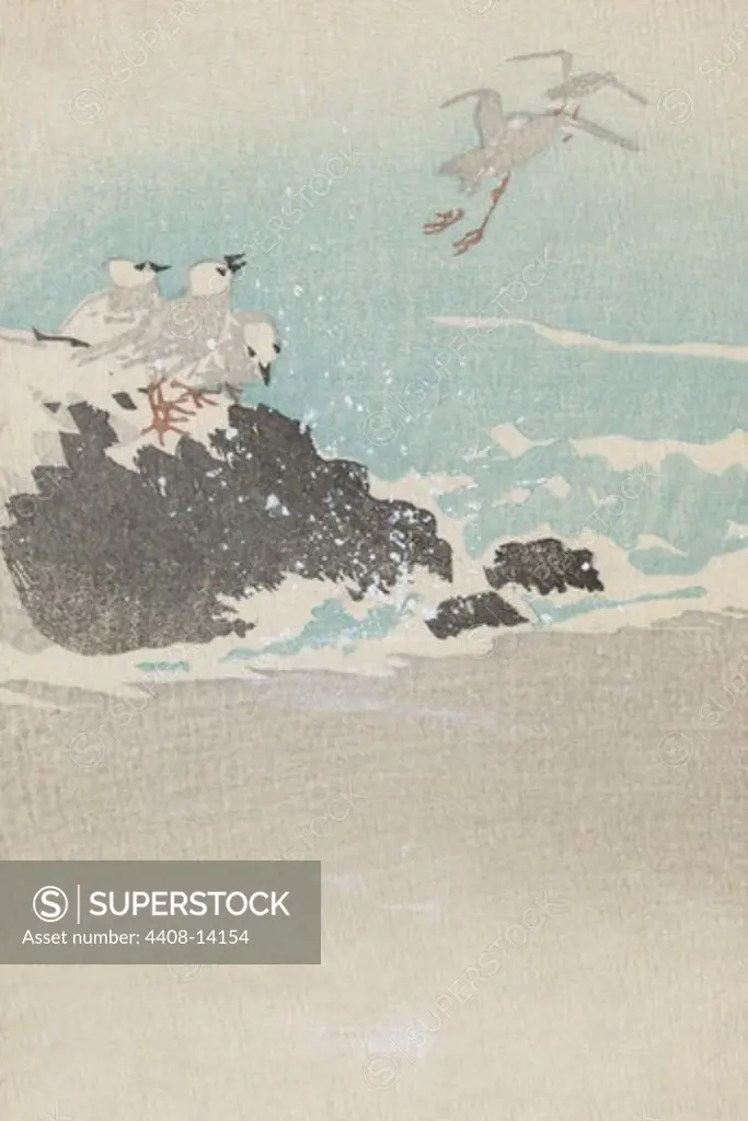 Plovers over waves, Japanese Prints - Nature