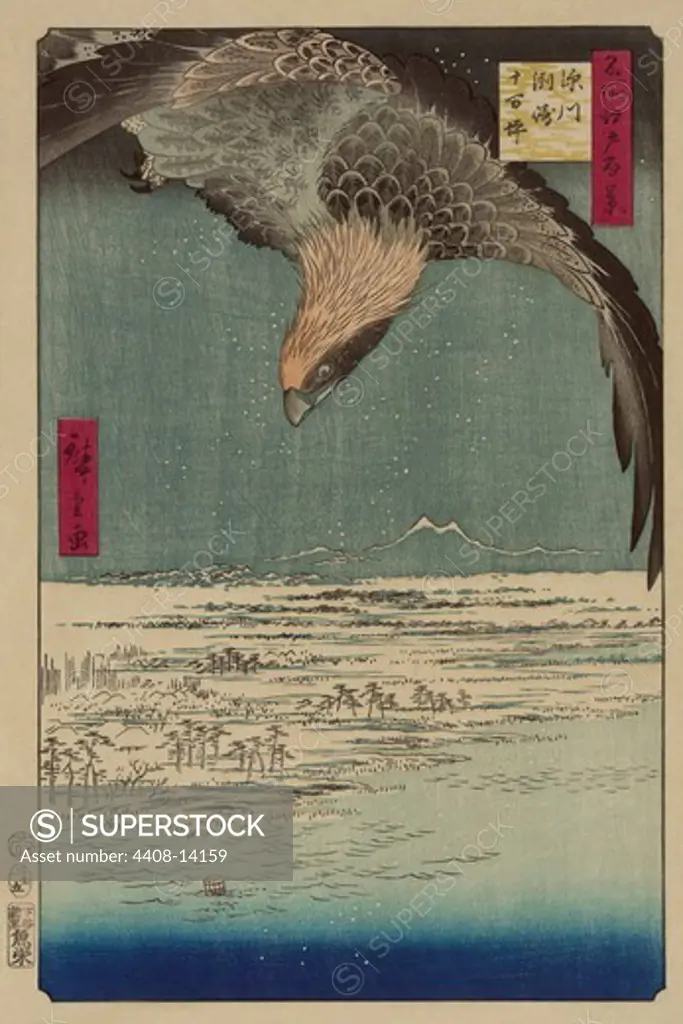 Hawk flying above a snowy landscape along the coastline., Japanese Prints - Nature