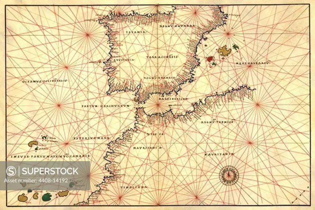 Portolan or Navigational Map of the Spain, Gibraltar & North Africa, Portolan Maps