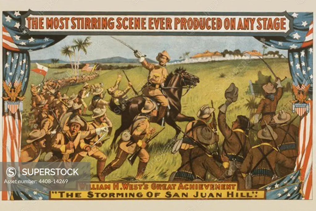 Stage play of Roosevelt Leading charge up San Juan Hill, Spanish American War